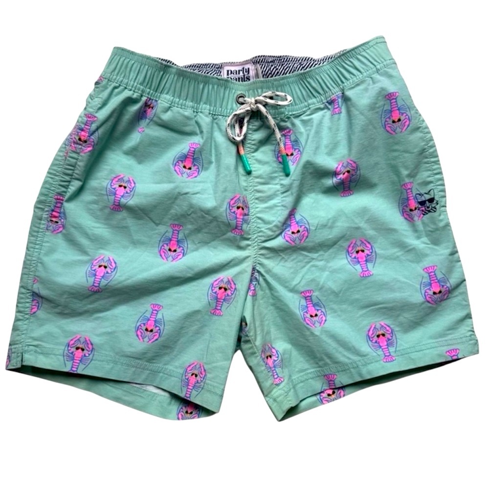 Party Pants Lobster Print Swim Trunks – Mint Green, Size M, New Without Tags